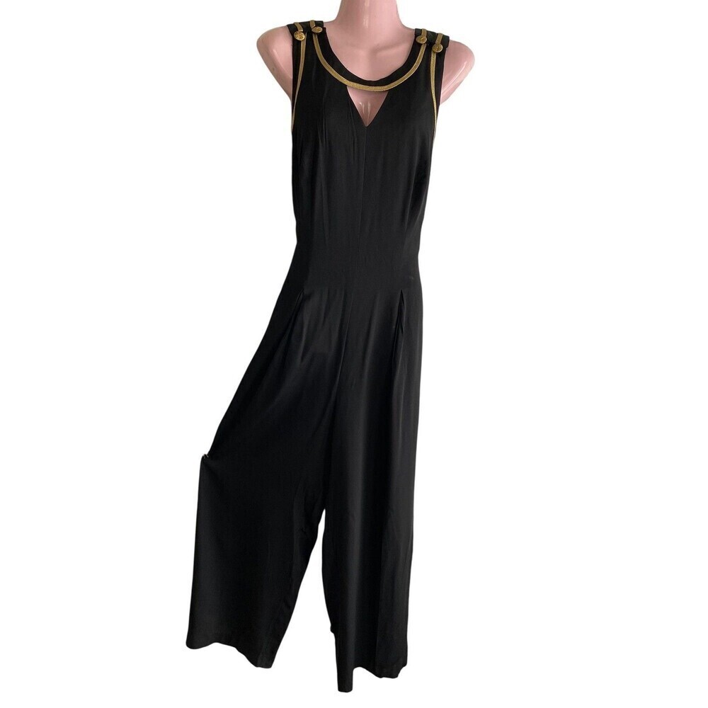 Vintage BB/Collections Jumpsuit Womens 12 Black Gold Trim Open Back Wide Leg 80s